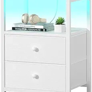 White Nightstand with Charging Station, LED Light & USB Ports