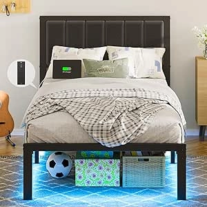 OLEVS Twin Bed Frame with LED Lights & USB Charging Station