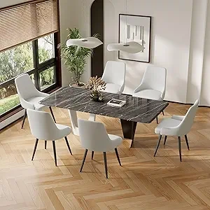 Modern Dining Chairs Set of 6 - Faux Leather, Cushioned, Metal Legs