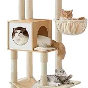 Feandrea 65-Inch Cat Tree Tower with Cave & Hammock - Multi-Level Cat Condo