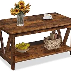 Farmhouse Coffee Table with Storage - 39.4" Rustic Wood Center Table with V-Frame Support