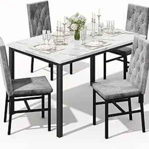 Hooseng Dining Table Set for 4 - Faux Marble Kitchen Table with Button Tufted Chairs