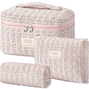 HBselect Quilted Makeup Bag Set - 3PC Floral Cotton Travel Cosmetic Organizer