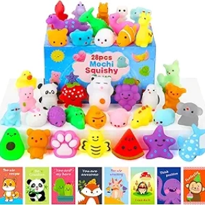 28 Pack Squishy Toys with Gift Cards - Mochi Fidget Party Favors for Kids 4-12