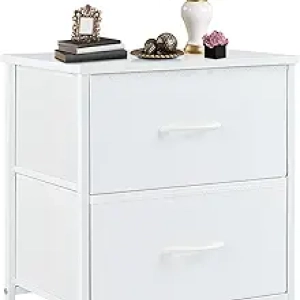 DUMOS 20 Inch White Nightstand with 2 Fabric Drawers - Compact Bedroom Side Table & Storage