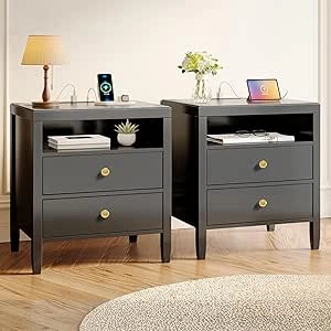 Black Nightstand Set of 2 with Charging Station & Drawers | Modern Bedside Tables