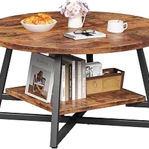 Small Round Coffee Table with Storage - Rustic Brown Modern Wood Design