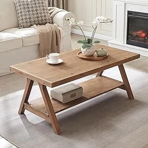 Farmhouse Coffee Table with Storage - Solid Wood Rustic Center Table