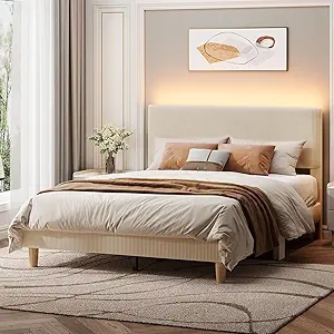 Queen Bed Frame with LED Lighting & Adjustable Headboard | Bestier Corduroy Upholstered Bed