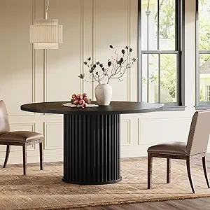47-Inch Black Round Dining Table for 4-6 People | Modern Fluted Design
