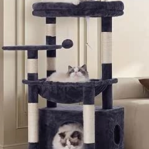 Heybly Cat Tree Tower with Large Basket & Scratching Posts - Smoky Gray