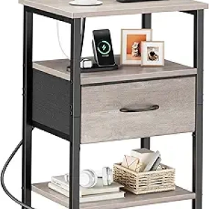 Vagusicc Nightstand with Charging Station - Grey Bedside Table with Drawer & Storage Shelf
