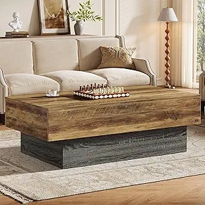 55-Inch Farmhouse Wood Coffee Table - Rustic Brown & Grey Rectangle Living Room Table