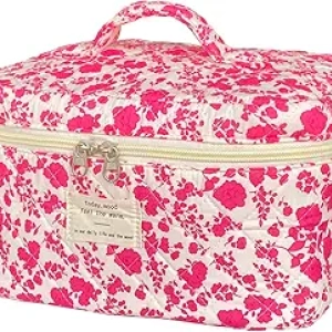 Rose Red Quilted Floral Makeup Bag - Large Cosmetic Travel Toiletry Bag for Women