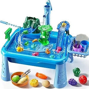 Water Table Play Sink Toy for Kids - Outdoor Kitchen with Running Water & Fishing Games