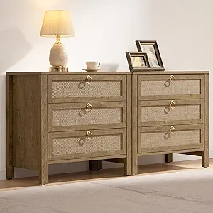 SICOTAS Boho Nightstand Set of 2 with 3 Drawers - 26.78" Wide Rattan Bedside Table