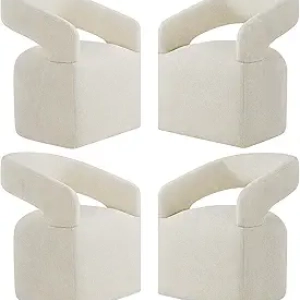Upholstered Dining Chairs with Hidden Removable Casters - Cream Beige Barrel Armchairs (Set of 4)