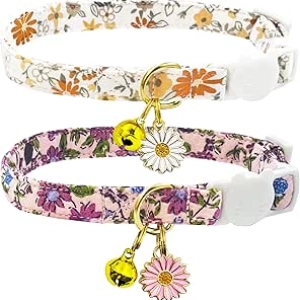 2 Pack Cotton Cat Collars with Bell & Flower Pendant - Adjustable Breakaway Design