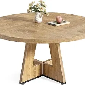 47 Inch Round Dining Table for 4-6 People | Oak Pedestal Kitchen Table