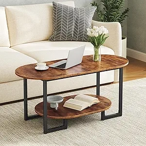 Oval Coffee Table with Storage - Industrial Farmhouse Design | HOOBRO
