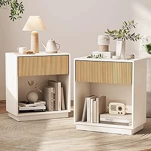 Modern Fluted Nightstands Set of 2 - White & Oak Wood Bedside Tables with Drawer & Storage