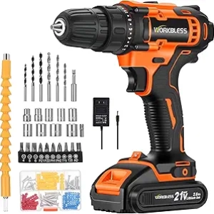 WORKBLESS 21V Cordless Drill Set with Battery & Charger - 28pc Tool Kit