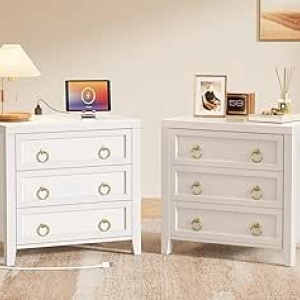 White Nightstand with Charging Station, USB-C Port & 3 Drawers - Set of 2