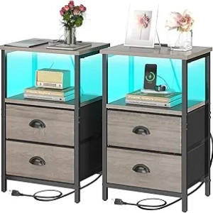 LED Nightstand with Charging Station - Set of 2 Bedside Tables with Drawers