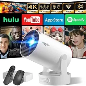 4K Mini Projector WiFi 6 & Bluetooth 5.4 - 180° Rotatable Portable Projector with Built-in Apps