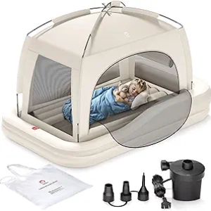 QPAU Inflatable Toddler Travel Bed with Tent & Electric Pump - Portable Kids Air Mattress