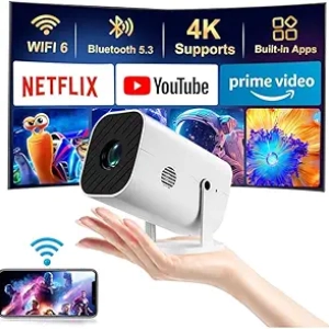 Mini Projector 1080P WiFi 6 & Bluetooth 5.3 - Electric Focus, 210° Rotation, Built-in Apps
