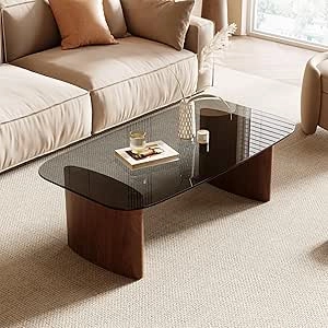Modern Glass Coffee Table with Walnut Wood Base | Tempered Glass Top for Living Room