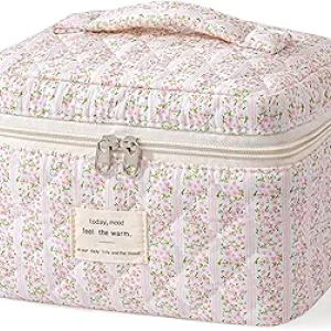 Large Quilted Makeup Bag with Handle - Cute Coquette Floral Travel Organizer for Women