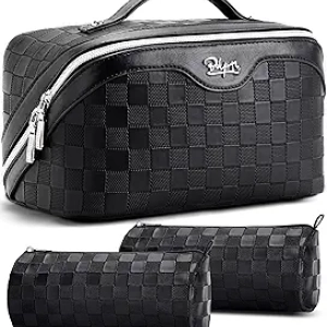 BOYATU Travel Makeup Bag Set of 3 - Waterproof Vegan Leather Cosmetic Organizer with Handle