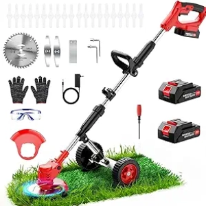 21V Cordless Electric Weed Wacker with Wheels & 3 Blade Types - Lightweight String Trimmer