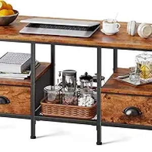 35" Industrial Coffee Table with Storage Drawers & Shelves | Rustic Brown