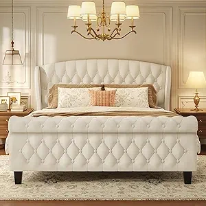 Queen Sleigh Bed Frame 42" Tall Velvet Upholstered with Wingback Headboard | 800LB Support