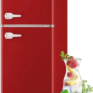 3.5 Cu.ft Red Double Door Refrigerator with Freezer | Adjustable Glass Shelves & Temperature Control