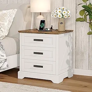Farmhouse Nightstand with Charging Station & 3 Drawers - 22 inch White Bedside Table