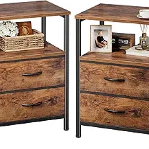 Huuger Night Stand Set of 2 - Wooden Bedside Table with Drawers & Open Shelf