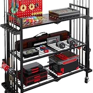 12-Rod Fishing Rod Holder for Garage with Wheels & Pegboard Storage Rack