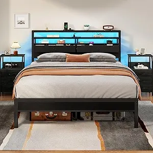 Queen Bed Frame with LED Lights, Charging Station & Storage Drawers | Furnulem