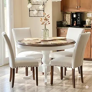COLAMY Upholstered Dining Chairs Set of 4 - Beige Linen Parsons Chairs with Nailhead Trim