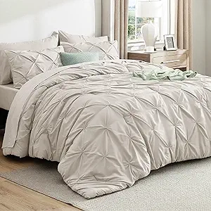 Bedsure Queen Comforter Set 7-Piece Bed in a Bag | Pinch Pleat Bedding