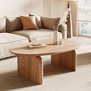 Honyee Modern Oval Coffee Table - Oak Wood Living Room Table with Easy Assembly