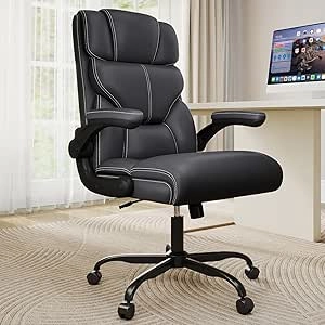 Executive Office Chair 400 lbs - Ergonomic Leather Desk Chair with Flip-up Armrests & Lumbar Support