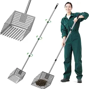 Heavy-Duty Stainless Steel Chicken Coop Scooper & Rake - 2-in-1 Adjustable Handle Sand Sifter