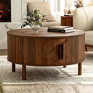 Modern Round Coffee Table with Storage & Sliding Doors | Mid-Century Walnut Design