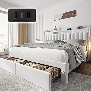 Queen Bed Frame with Storage Drawers & USB Charging Ports | White Velvet Platform Bed