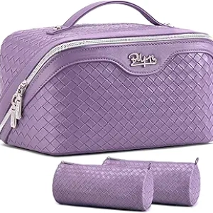 BOYATU Travel Makeup Bag 3-Piece Set - Waterproof Vegan Leather Cosmetic Organizer (Purple)